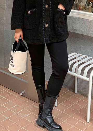 Casual Black Slim Fit Thick Warm Fleece Pants Winter