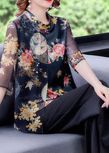 Load image into Gallery viewer, Casual Black Stand Collar Patchwork Tulle Print Silk Shirts Half Sleeve