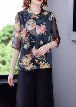 Load image into Gallery viewer, Casual Black Stand Collar Patchwork Tulle Print Silk Shirts Half Sleeve