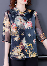 Load image into Gallery viewer, Casual Black Stand Collar Patchwork Tulle Print Silk Shirts Half Sleeve