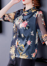 Load image into Gallery viewer, Casual Black Stand Collar Patchwork Tulle Print Silk Shirts Half Sleeve