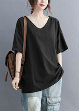 Load image into Gallery viewer, Casual Black V Neck Patchwork Cotton T Shirt Tops Summer