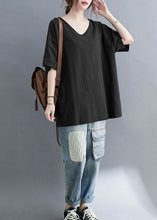 Load image into Gallery viewer, Casual Black V Neck Patchwork Cotton T Shirt Tops Summer