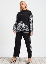 Load image into Gallery viewer, Casual Black Zip Up Print Patchwork Coat And Pants Cotton Two Pieces Set Fall