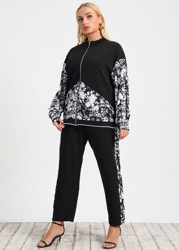 Casual Black Zip Up Print Patchwork Coat And Pants Cotton Two Pieces Set Fall