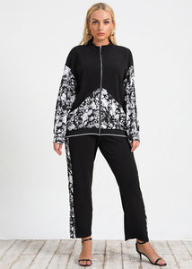 Casual Black Zip Up Print Patchwork Coat And Pants Cotton Two Pieces Set Fall