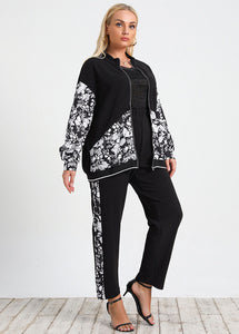 Casual Black Zip Up Print Patchwork Coat And Pants Cotton Two Pieces Set Fall