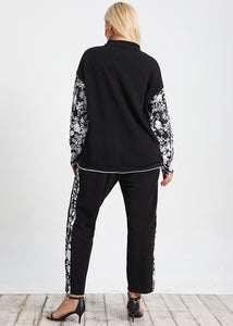 Casual Black Zip Up Print Patchwork Coat And Pants Cotton Two Pieces Set Fall