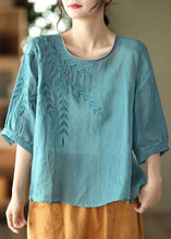 Load image into Gallery viewer, Casual Blue Embroideried Patchwork Cotton T Shirt Half Sleever