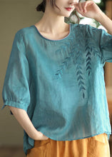 Load image into Gallery viewer, Casual Blue Embroideried Patchwork Cotton T Shirt Half Sleever