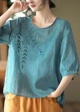 Load image into Gallery viewer, Casual Blue Embroideried Patchwork Cotton T Shirt Half Sleever