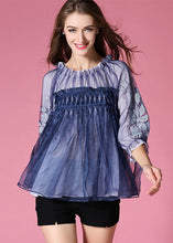 Load image into Gallery viewer, Casual Blue Embroideried Wrinkled Organza Blouses Half Sleeve