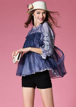 Load image into Gallery viewer, Casual Blue Embroideried Wrinkled Organza Blouses Half Sleeve