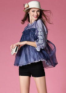 Casual Blue Embroideried Wrinkled Organza Blouses Half Sleeve