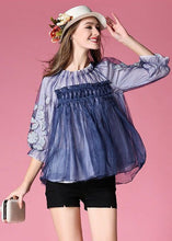 Load image into Gallery viewer, Casual Blue Embroideried Wrinkled Organza Blouses Half Sleeve