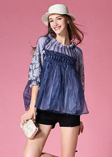 Load image into Gallery viewer, Casual Blue Embroideried Wrinkled Organza Blouses Half Sleeve