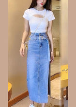 Load image into Gallery viewer, Casual Blue Patchwork Sashes Side Open Denim Maxi Skirt