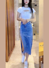 Load image into Gallery viewer, Casual Blue Patchwork Sashes Side Open Denim Maxi Skirt