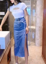 Load image into Gallery viewer, Casual Blue Patchwork Sashes Side Open Denim Maxi Skirt