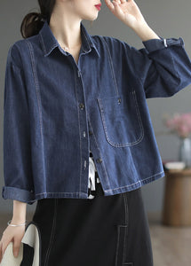 Casual Blue Peter Pan Collar Patchwork Button Denim Coats Spring