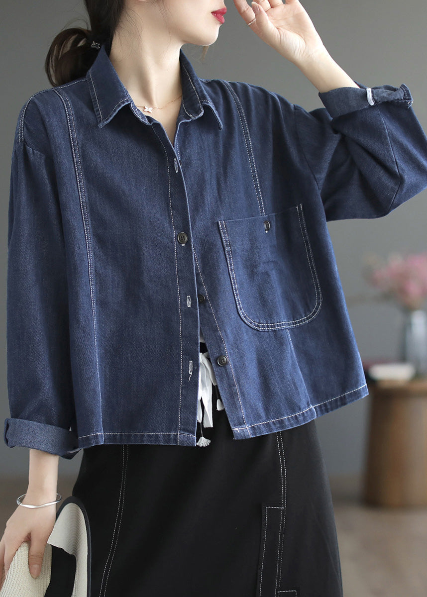 Casual Blue Peter Pan Collar Patchwork Button Denim Coats Spring