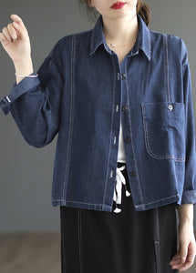 Casual Blue Peter Pan Collar Patchwork Button Denim Coats Spring