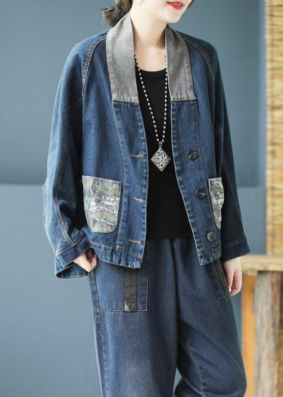 Casual Blue Pockets Button Patchwork Print Fall Denim Long sleeve Coat