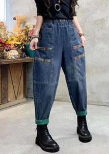 Casual Blue Pockets Patchwork Applique Denim Harem Pants