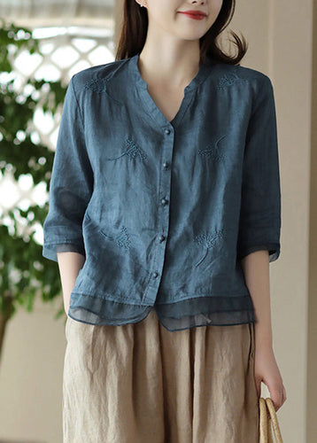 Casual Blue V Neck Embroideried Solid Ramie Shirt Half Sleeve