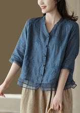 Load image into Gallery viewer, Casual Blue V Neck Embroideried Solid Ramie Shirt Half Sleeve