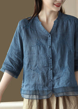 Load image into Gallery viewer, Casual Blue V Neck Embroideried Solid Ramie Shirt Half Sleeve