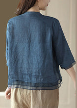 Load image into Gallery viewer, Casual Blue V Neck Embroideried Solid Ramie Shirt Half Sleeve