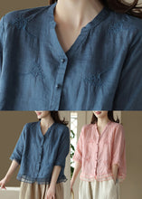 Load image into Gallery viewer, Casual Blue V Neck Embroideried Solid Ramie Shirt Half Sleeve