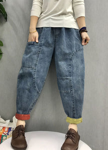 Casual Blue elastic waist Pockets denim Pants Spring