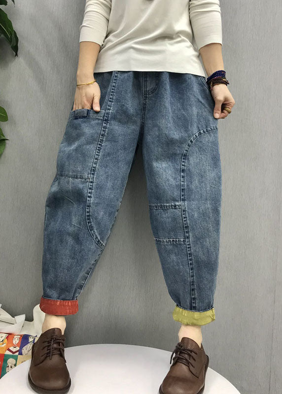 Casual Blue elastic waist Pockets denim Pants Spring