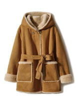 Load image into Gallery viewer, Casual Camel Patchwork Sashes Warm Fleece Wooled Blended Hooded Coat Winter