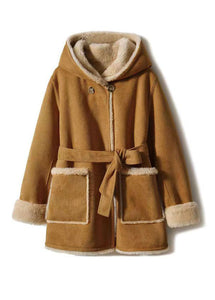 Casual Camel Patchwork Sashes Warm Fleece Wooled Blended Hooded Coat Winter