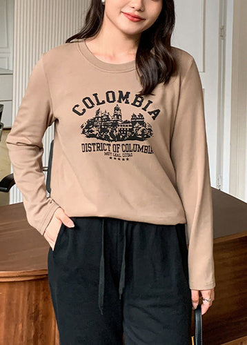 Casual Coffee Oversized Letter Print Cotton Blouse Top Fall