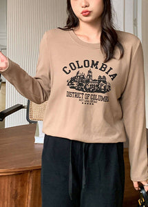 Casual Coffee Oversized Letter Print Cotton Blouse Top Fall