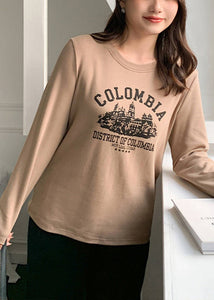 Casual Coffee Oversized Letter Print Cotton Blouse Top Fall