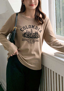 Casual Coffee Oversized Letter Print Cotton Blouse Top Fall