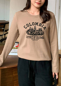 Casual Coffee Oversized Letter Print Cotton Blouse Top Fall