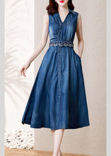 Load image into Gallery viewer, Casual Denim Blue V Neck Button Sashes Cotton Party Long Dress Summer