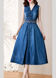 Casual Denim Blue V Neck Button Sashes Cotton Party Long Dress Summer