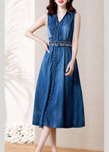 Load image into Gallery viewer, Casual Denim Blue V Neck Button Sashes Cotton Party Long Dress Summer