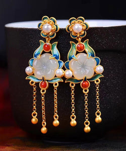 Casual Gold Sterling Silver Inlaid Jade Cloisonne Drop Earrings