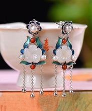 Load image into Gallery viewer, Casual Gold Sterling Silver Inlaid Jade Cloisonne Drop Earrings