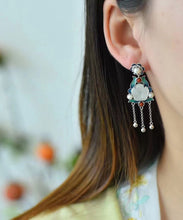 Load image into Gallery viewer, Casual Gold Sterling Silver Inlaid Jade Cloisonne Drop Earrings