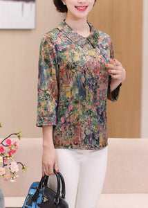 Casual Green Peter Pan Collar Print Silk Shirts Spring