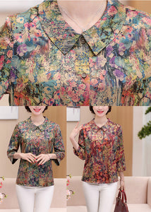 Casual Green Peter Pan Collar Print Silk Shirts Spring